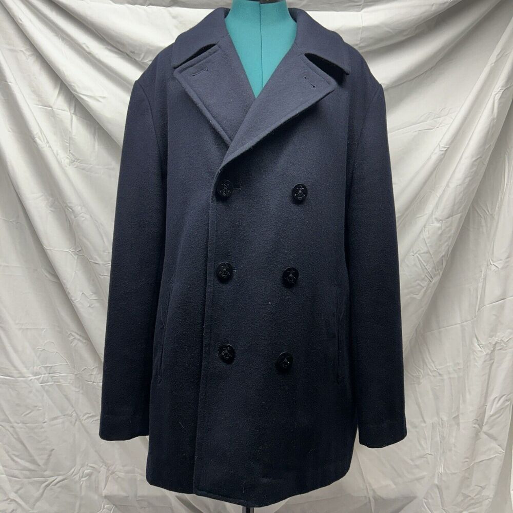 Claiborne Mens Double-Breasted Wool Blend Peacoat Navy Blue Extra Large